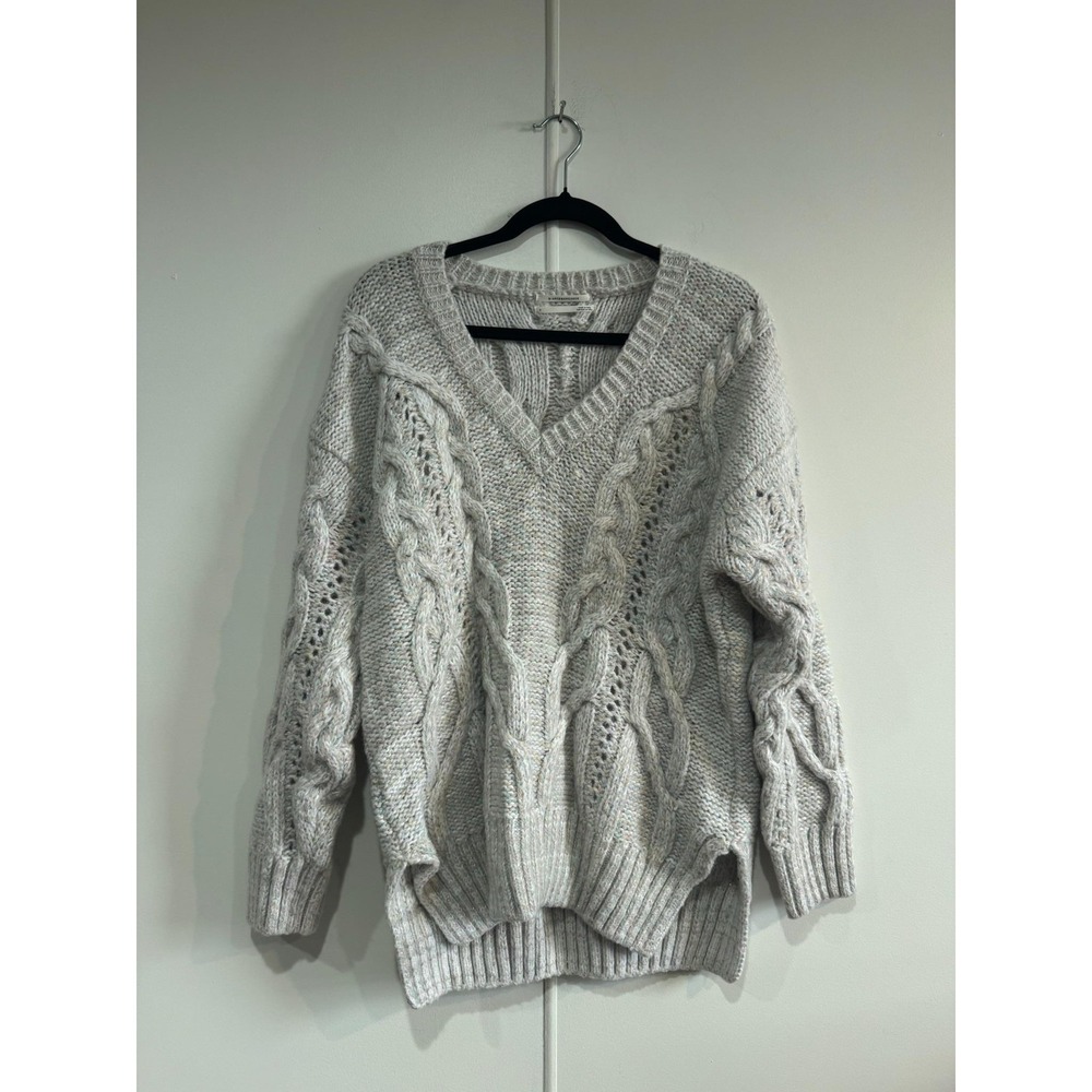 Anthropologie Sweater Womens Small Gray Glitter Cable Knit‎ V Neck Made Italy